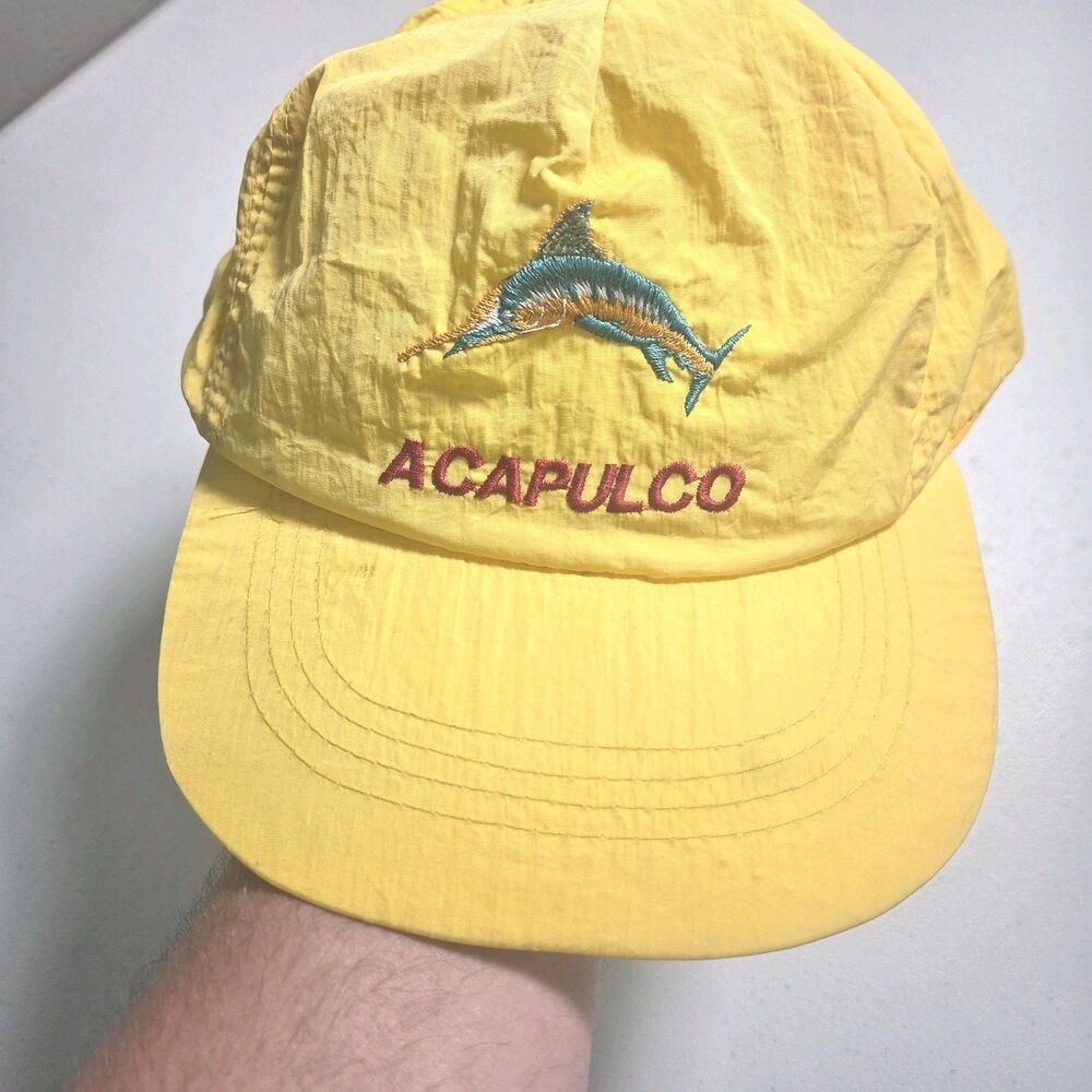Vintage Acapulco Marlin Fish Hat Mens OSFA Yellow Crinkle Nylon Snapback Cap